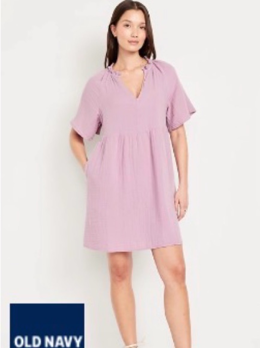 Split-Neck Crinkle Gauze Mini Swing Dress